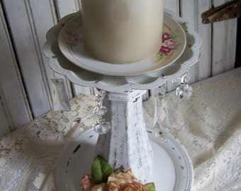 candle holder/ repurposed vintage finds/ riser/ Vinyette display/ centerpiece/ white chalk paint, chippy paint/ distressed/ shabby chic