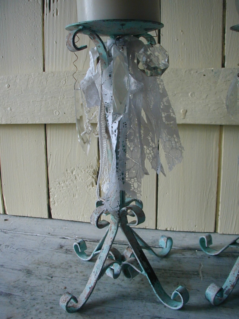 vintage/ iron candle holders scroll design/aqua chalk paint/ chippy paint/distressed/ coastal decor/ cottage decor/ vintage embellishments. image 10