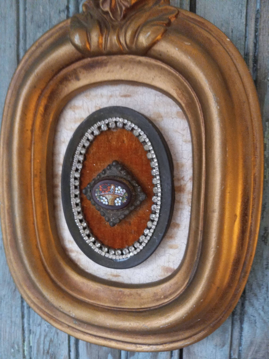 Vintage Finds, Wall Art, Gold Frame, Antique Mosaic Brooch , Gold