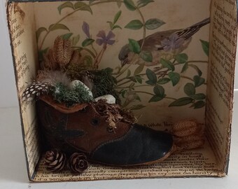 handmade, nature diorama, showcase, antique baby shoe, Edith Holden book pages, birds nest, moss, seed pods, shelf sitter