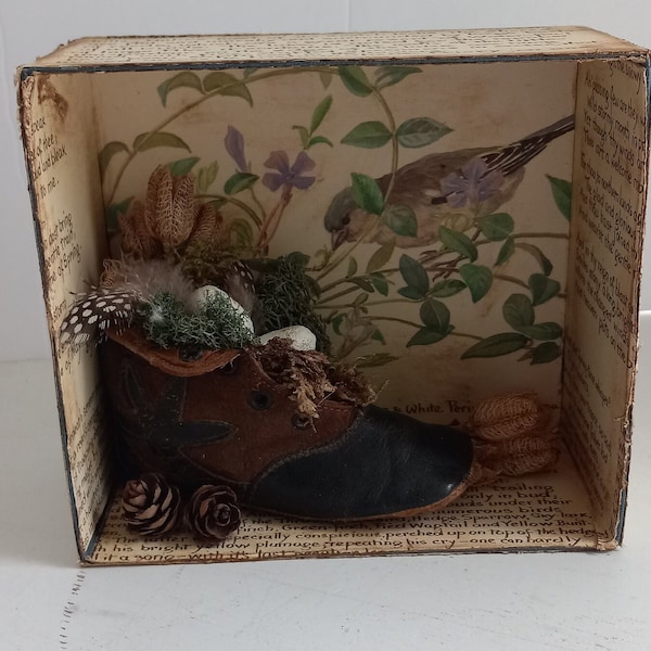 handmade, nature diorama, showcase, antique baby shoe, Edith Holden book pages, birds nest, moss, seed pods, shelf sitter