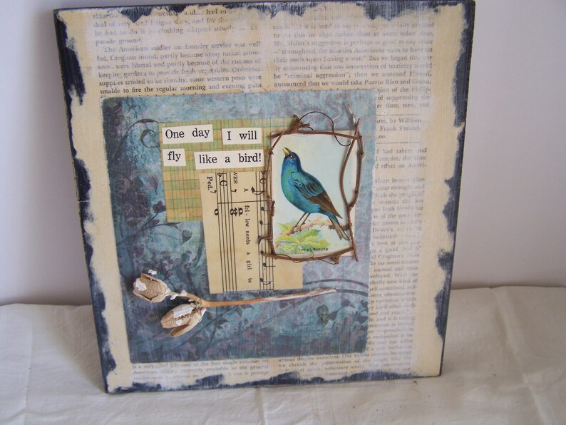 Bluebird/Paper Collage / Mixed Media / Vintage Bird Card /Nature theme / Materials / Twigs / Seed Pods / Art paper / vintage ephemera image 10