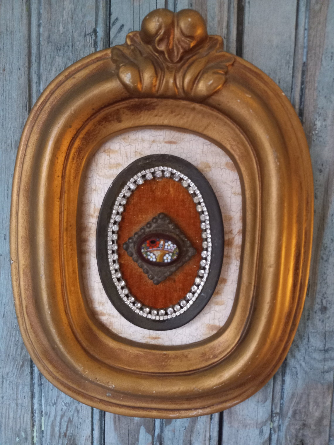 Vintage Finds, Wall Art, Gold Frame, Antique Mosaic Brooch , Gold