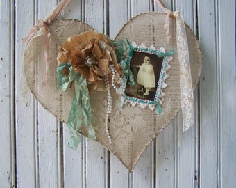 wall decor- lg handmade heart- lace heart- tattered lace- tea dyed- paper flower- vintage photo-crochet lace