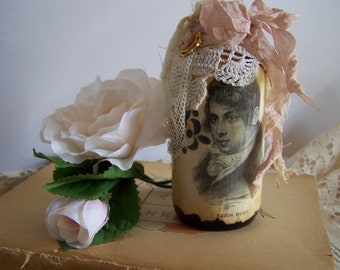 altered bottle/vintage materials/collage/amber glass/vase/flower display/shelf sitter/desk top/