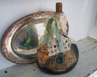 boho decor/art bottle / vintage materials/mixed media collage / Vintage wine Bottle / Green Glass /handmade Lace / vintage Jewelry