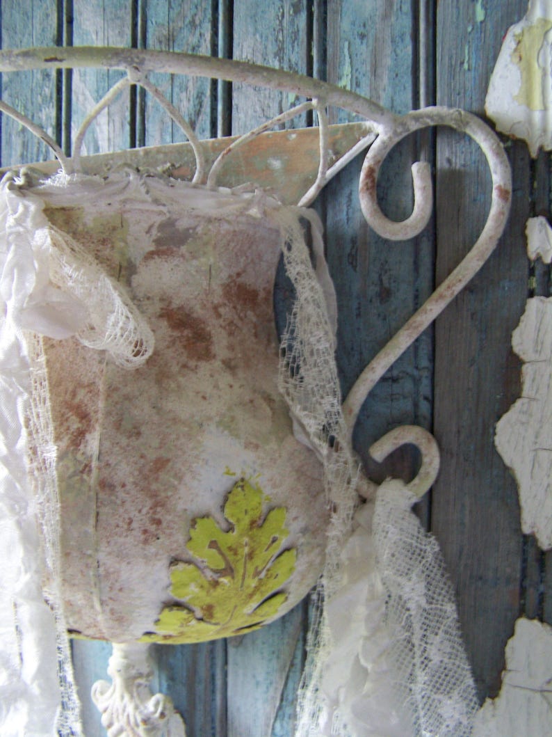 Vintage Metal Wall Pocketshabby Chic Whitedistressed Paintvintage Lace Streamerswall or Door