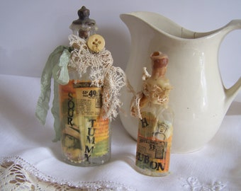 mixed media/vintage medicine bottles/ salvaged materials/ shelf sitters/ tattered/ rustic/ country charm/farmhouse decor