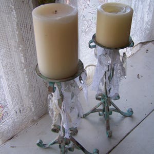 vintage/ iron candle holders scroll design/aqua chalk paint/ chippy paint/distressed/ coastal decor/ cottage decor/ vintage embellishments. image 5