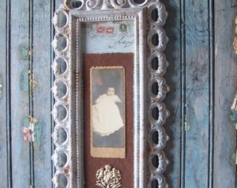assemblage wall art / ornate frame/ chalk paint / rusty  effect /blues & grays/ salvaged materials/ shabby chic/ French decor