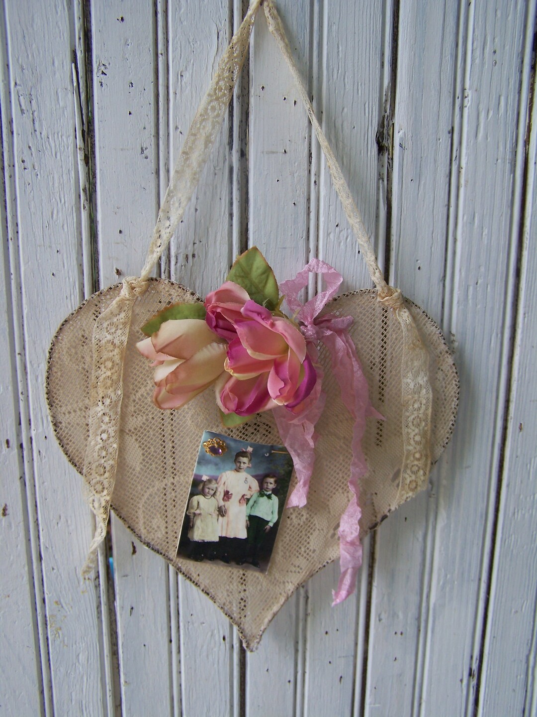 Handmadehand Sewn Lace Heart wall Decor Aged Materialstea Dye Roses