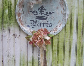 home decor-wall decor- vintage finds -French inspired- cherub- chippy white & gray-distressed-tea dyed roses-imported lace