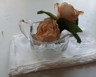 vintage glass creamer, delicate flower design, clear glass, functional, flower display, candle holder, potpourri, tabletop, cottage decor