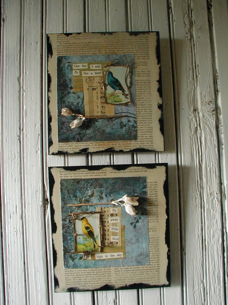 Bluebird/Paper Collage / Mixed Media / Vintage Bird Card /Nature theme / Materials / Twigs / Seed Pods / Art paper / vintage ephemera image 2