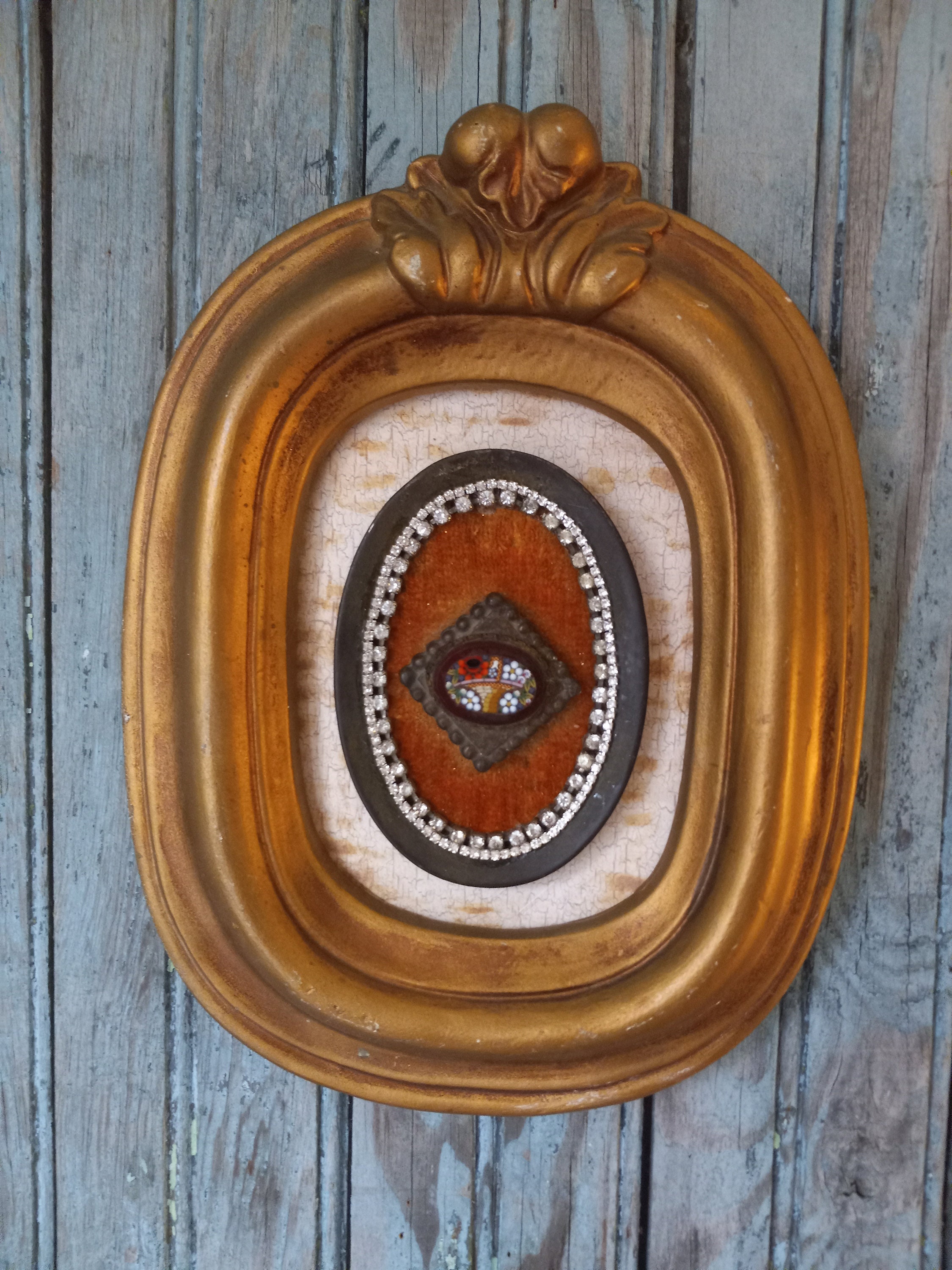 Vintage Finds, Wall Art, Gold Frame, Antique Mosaic Brooch , Gold Velvet, Sm Metal Frame