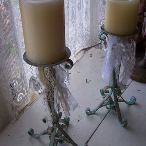 vintage/ iron candle holders scroll design/aqua chalk paint/ chippy paint/distressed/ coastal decor/ cottage decor/ vintage embellishments. image 6