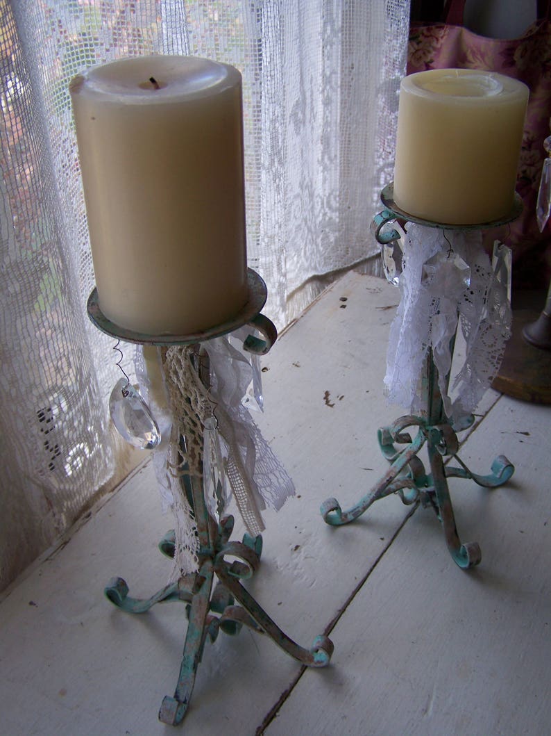 vintage/ iron candle holders scroll design/aqua chalk paint/ chippy paint/distressed/ coastal decor/ cottage decor/ vintage embellishments. image 6