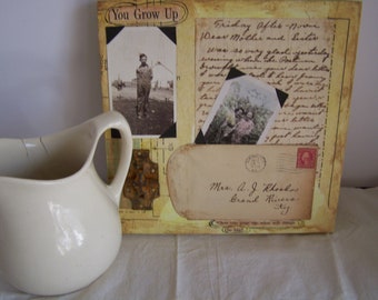 farmhouse/mixed media collage/1920s ephemera/vintage materials/handwritten letter/original black and white photos/wall or shelf sitter