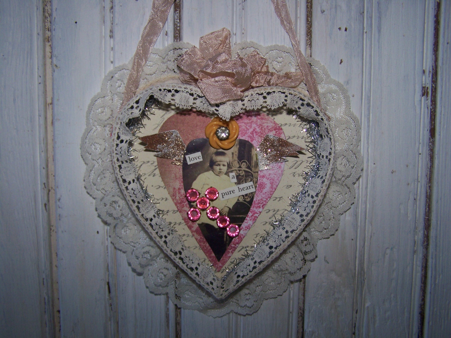 Shabby Chic / Assemblage Art / Heart Shape / Handmade / Pink / - Etsy