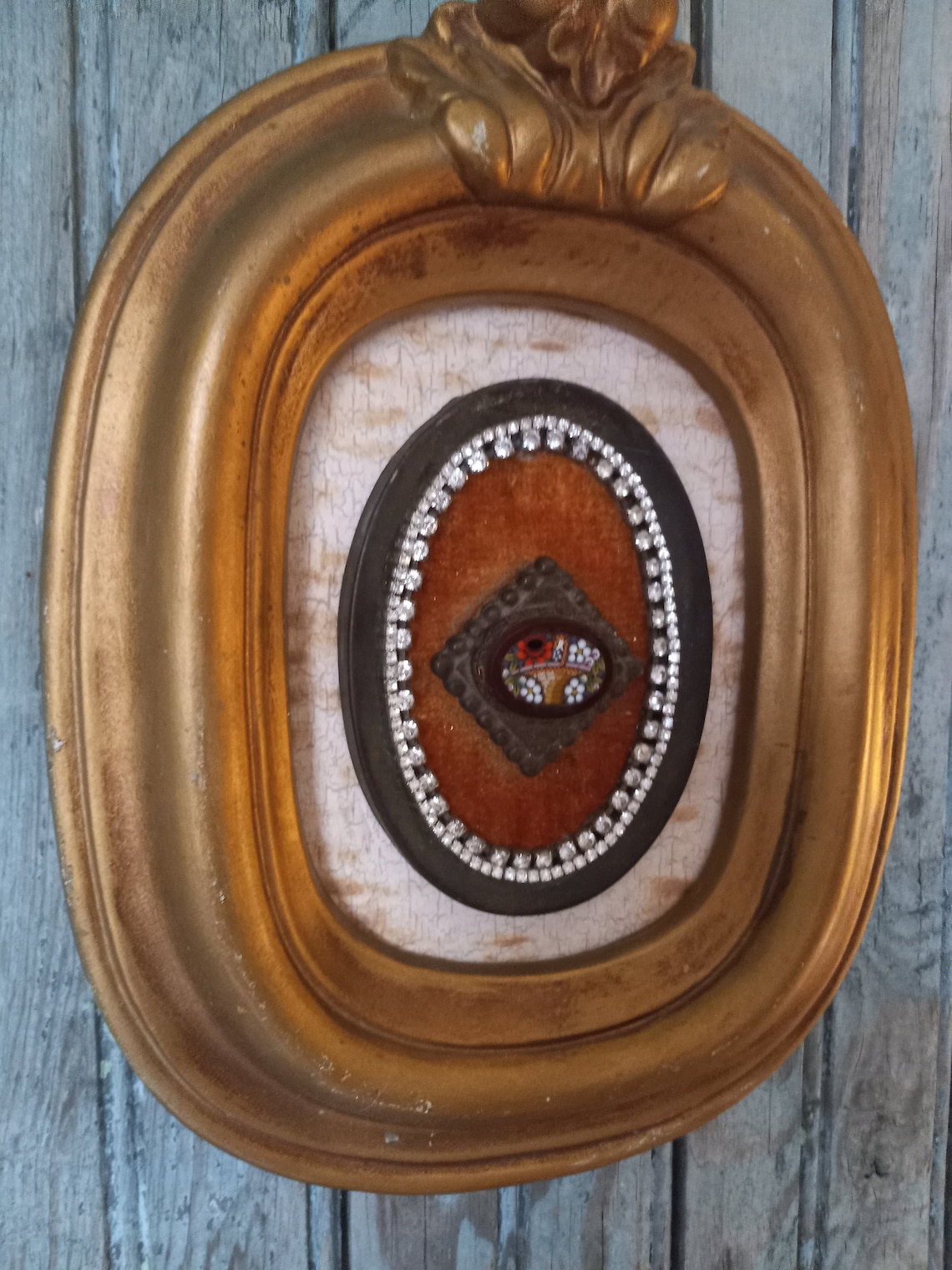 Vintage Finds, Wall Art, Gold Frame, Antique Mosaic Brooch , Gold Velvet, Sm Metal Frame