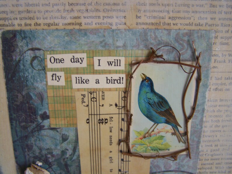 Bluebird/Paper Collage / Mixed Media / Vintage Bird Card /Nature theme / Materials / Twigs / Seed Pods / Art paper / vintage ephemera image 6