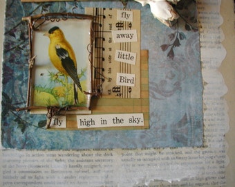 mixed media / nature Collage / wall hanging / Vintage Bird Card / Yellow / Gold finch / vintage ephemera / cottage decor / farmhouse