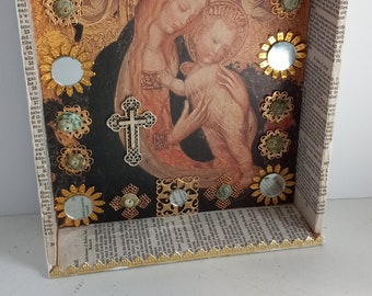 assemblage art, religious shrine, Mary & Baby Jesus, wall or shelf sitter, box showcase, salvaged materials,