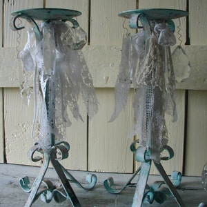 vintage/ iron candle holders scroll design/aqua chalk paint/ chippy paint/distressed/ coastal decor/ cottage decor/ vintage embellishments. image 3