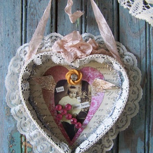 shabby chic / assemblage art / Heart Shape / handmade / pink / white / keepsake / gift / spiritual content / Vintage Finds / cottage decor