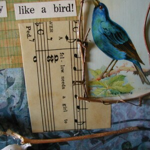 Bluebird/Paper Collage / Mixed Media / Vintage Bird Card /Nature theme / Materials / Twigs / Seed Pods / Art paper / vintage ephemera image 4