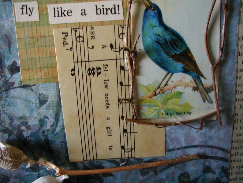 Bluebird/Paper Collage / Mixed Media / Vintage Bird Card /Nature theme / Materials / Twigs / Seed Pods / Art paper / vintage ephemera image 4