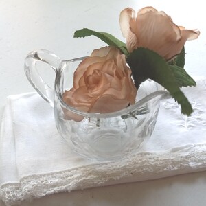 vintage glass creamer, clear glass, flower design, flower display, candle holder, potpourri, tabletop, cottage decor, shabby chic