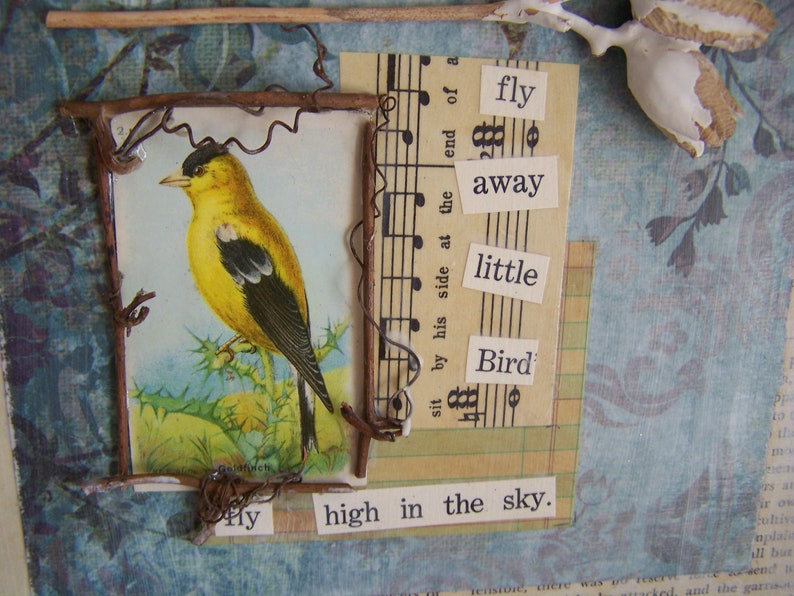 Mixed Media / Nature Collage / Wall Hanging / Vintage Bird Card