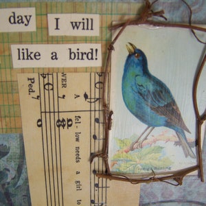 Bluebird/Paper Collage / Mixed Media / Vintage Bird Card /Nature theme / Materials / Twigs / Seed Pods / Art paper / vintage ephemera image 9