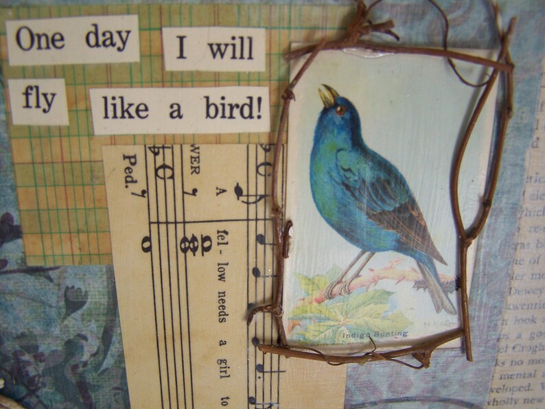 Bluebird/Paper Collage / Mixed Media / Vintage Bird Card /Nature theme / Materials / Twigs / Seed Pods / Art paper / vintage ephemera image 9