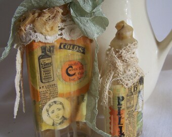 set vintage bottles/bottle art/ mixed media/ vintage materials/ rustic/distressed/collectable/farmhouse/cottage decor/