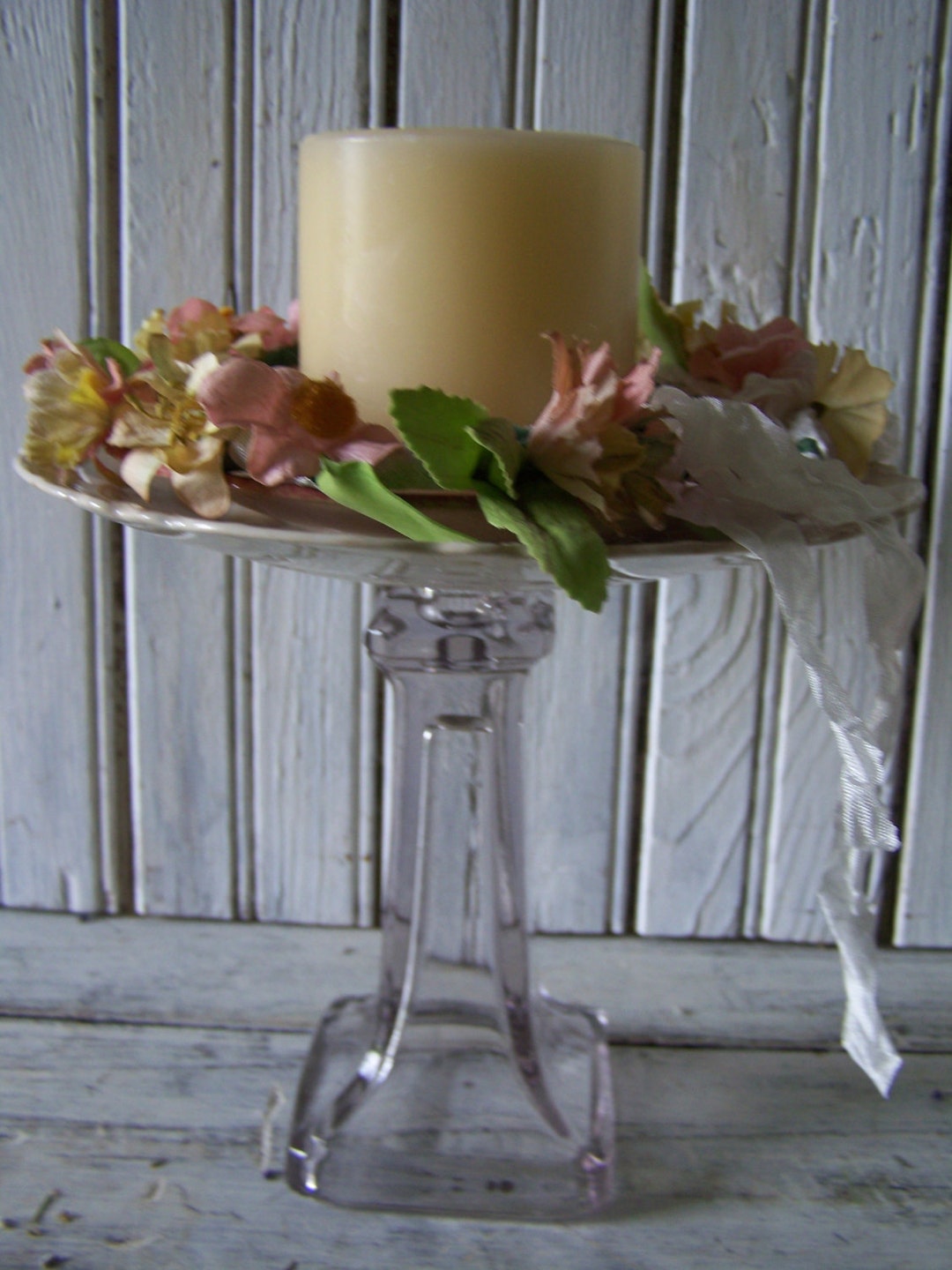 Upcycled, Vintage, Glassware, Candle Holder, Pillar, Pedestal, Patina