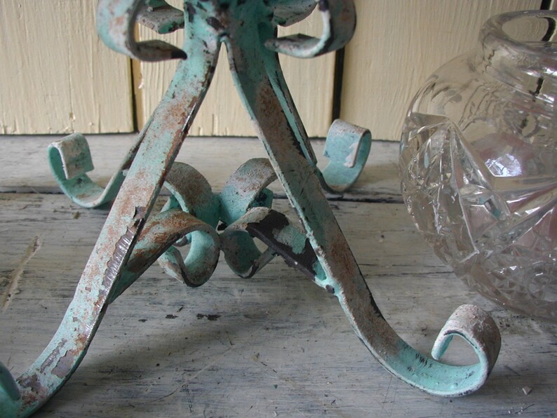 vintage/ iron candle holders scroll design/aqua chalk paint/ chippy paint/distressed/ coastal decor/ cottage decor/ vintage embellishments. image 9