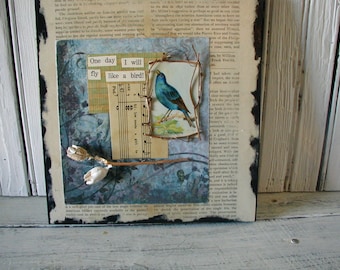 Bluebird/Paper Collage / Mixed Media / Vintage Bird Card /Nature theme / Materials / Twigs / Seed Pods / Art paper / vintage ephemera