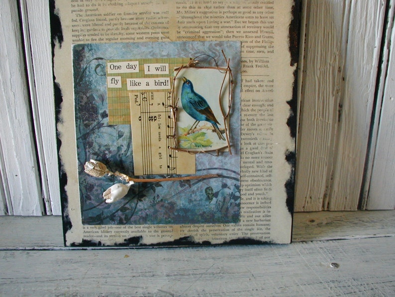 Bluebird/Paper Collage / Mixed Media / Vintage Bird Card /Nature theme / Materials / Twigs / Seed Pods / Art paper / vintage ephemera image 1