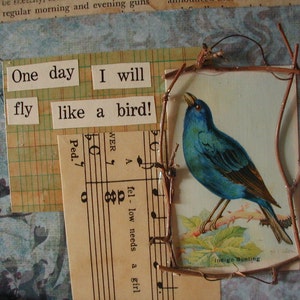 Bluebird/Paper Collage / Mixed Media / Vintage Bird Card /Nature theme / Materials / Twigs / Seed Pods / Art paper / vintage ephemera image 3