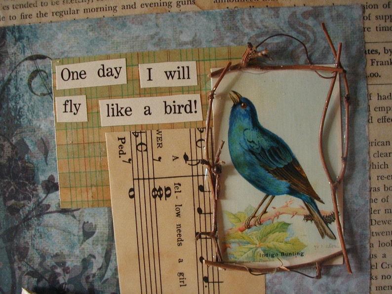 Bluebird/Paper Collage / Mixed Media / Vintage Bird Card /Nature theme / Materials / Twigs / Seed Pods / Art paper / vintage ephemera image 3