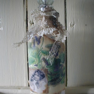 French inspired /altered vintage bottle / violets/ Woodland / collage/ paper ephemera/ cottage chic / boho / handmade/ home decor