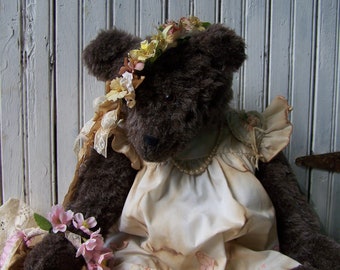 vintage handmade bear- embellished with vintage finds- paper flower halo- handmade basket- pearl neckless- tea dyed baby dress- fabric heart
