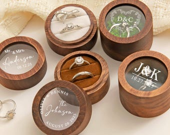 Custom Wooden Wedding Ring Box, Clear Acrylic Cover, Personalized Engraved Engagement Holder, Proposal Ring Box, Bridal Gift For Her