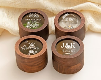 Custom Wooden Ring Bearer Box, Clear Acrylic Cover, Personalized Name Engraving, Ceremony Round Ring Box, Bridal Gift For Her
