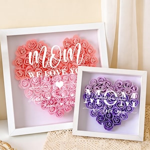 Personalized Mother's Day Shadow Box with Kids Names, Custom Name & Text Rose Heart Frame, Flower Gift for Mom Grandma, Mothers Day Gift