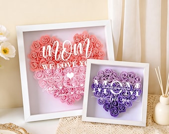 Personalized Mother's Day Shadow Box with Kids Names, Custom Name & Text Rose Heart Frame, Flower Gift for Mom Grandma, Mothers Day Gift