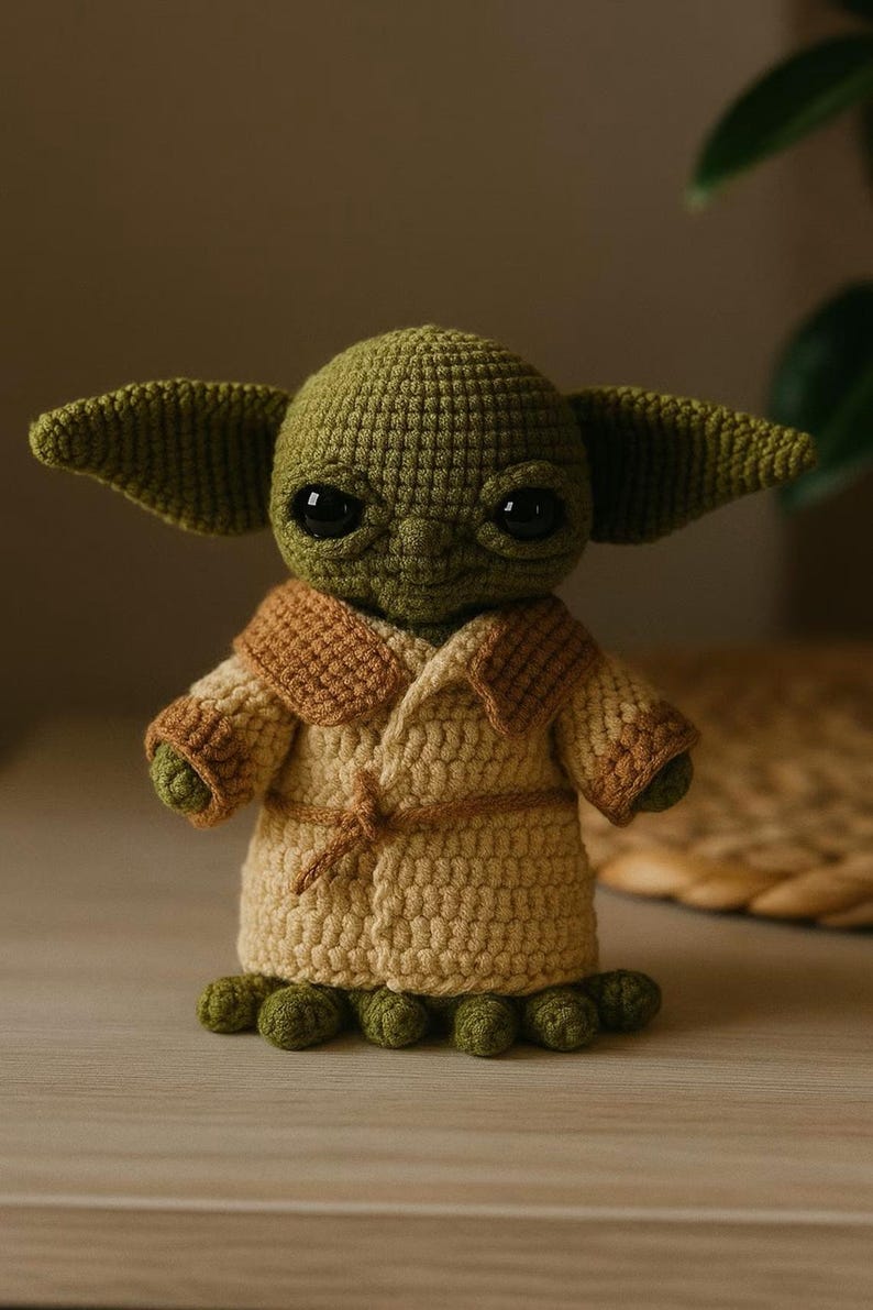 May include: A handmade crochet doll of a character with large ears and big black eyes. The doll is wearing a tan and brown robe. The doll's skin is green, and it has small green feet. The doll is standing on a wooden surface.