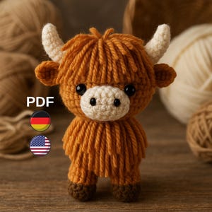 Padrão de crochê de vaca das Terras Altas - Tutorial em PDF de pelúcia de vaca amigurumi - Brinquedo de animal de fazenda faça você mesmo - Padrão de crochê fofo para iniciantes - En-DE